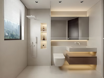 Modern Bathroom Interior Design With Wall-Mounted Toilet Vanity Sink LED Lit Mirror And Shower Area 3d model