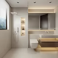 Modern Bathroom Interior Design With Wall-Mounted Toilet Vanity Sink LED Lit Mirror And Shower Area
