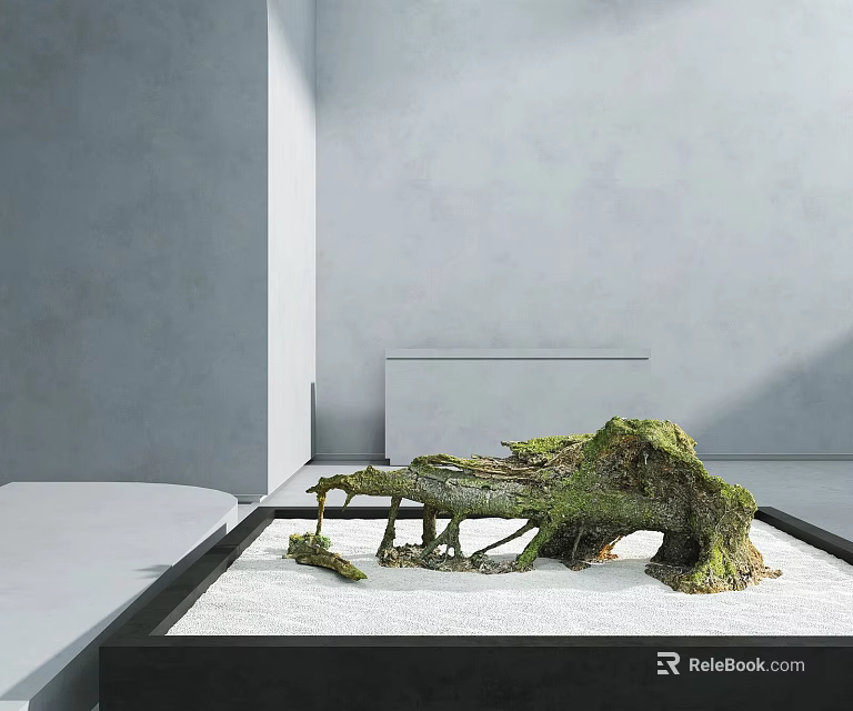 Indoor Miniature Garden Decor With Moss Covered Driftwood And Sand Tray 3d model 