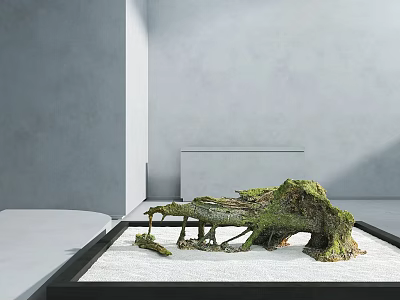 Indoor Miniature Garden Decor With Moss Covered Driftwood And Sand Tray 3d model