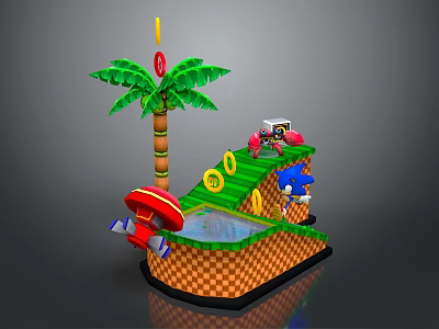 Cartoon Adventure Scene With Sonic Character Green Slide Palm Tree And Water Pool 3d model