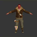Man Wearing Brown Jacket Red Backpack Work Pants Yellow Knee Pads Boots With Arms Outstretched