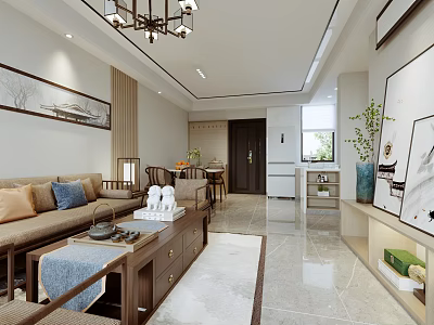 Chinese Style Living And Dining Room Interior With Sofa Coffee Table And Decorative Paintings 3d model