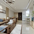 Chinese Style Living And Dining Room Interior With Sofa Coffee Table And Decorative Paintings