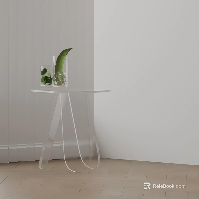 Minimalist White Side Table With Clear Vase And Green Plant Decoration 3d model 