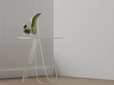 Minimalist White Side Table With Clear Vase And Green Plant Decoration 3d model