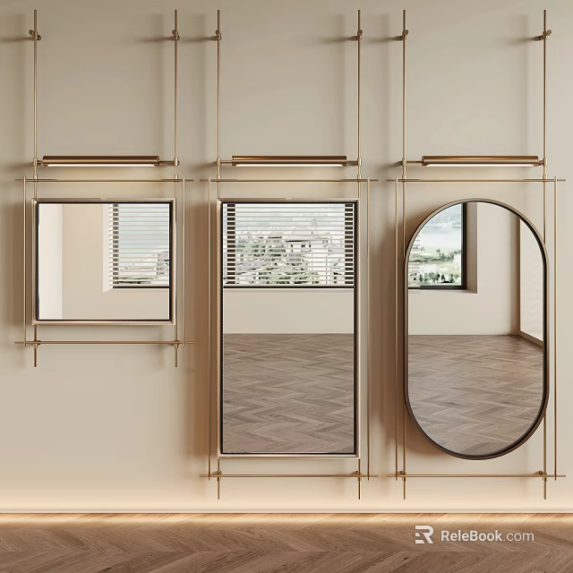 Different Shaped Wall Mounted Mirrors With Gold Frames Reflecting Window View And Interior Floor 3d model 