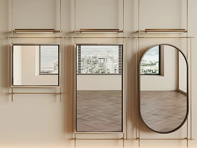 Different Shaped Wall Mounted Mirrors With Gold Frames Reflecting Window View And Interior Floor 3d model
