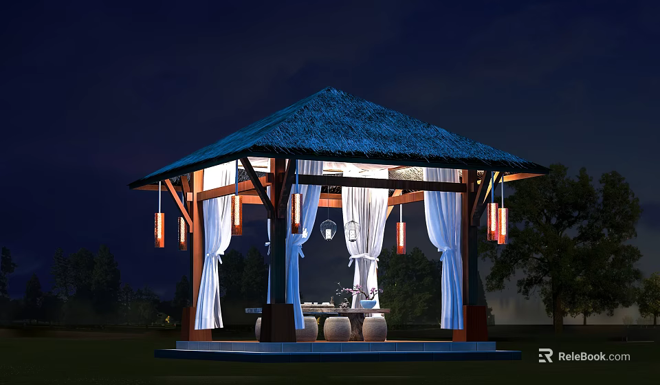 Outdoor Nighttime Shower Sauna Pavilion with Thatched Roof White Curtains and Hanging Lanterns 3d model 