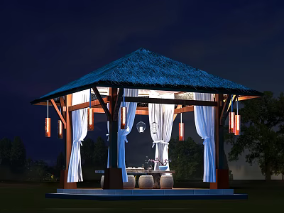 Outdoor Nighttime Shower Sauna Pavilion with Thatched Roof White Curtains and Hanging Lanterns 3d model
