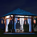 Outdoor Nighttime Shower Sauna Pavilion with Thatched Roof White Curtains and Hanging Lanterns