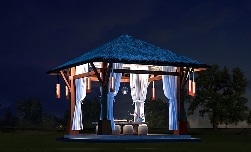 thatched pavilion tea table southeast asian style 3d model