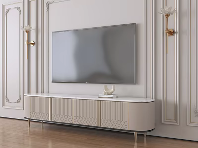 Elegant White and Gold TV Stand with Cabinet Doors and Wall Sconces on Wooden Floor 3d model