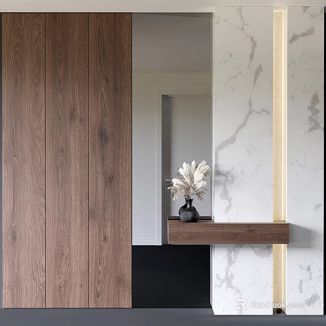 Modern Entryway Hallway Design Featuring Wooden Panel Marble Wall And Shelf With Dried Flowers 3d model 