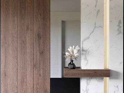 Modern Entryway Hallway Design Featuring Wooden Panel Marble Wall And Shelf With Dried Flowers 3d model