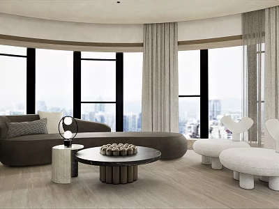 Modern Living Room Interior Design With Large Windows Curtains Sofa And Coffee Table 3d model