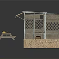 Small Wooden Cabin Featuring Blue Roof Lattice Windows Stone Base Wooden Bench with Yellow Items