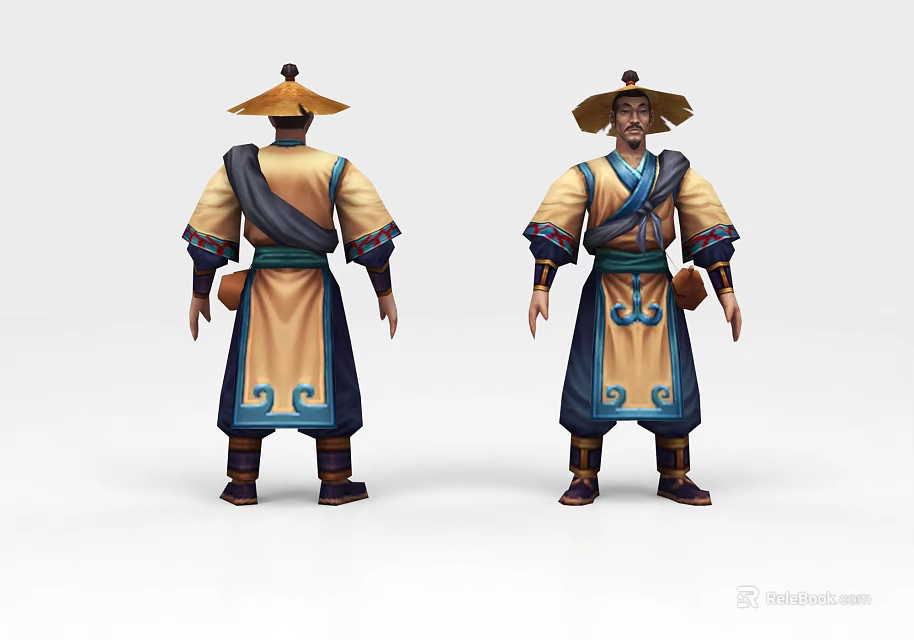 Game Movie Character Traditional Yellow Blue Robe With Straw Hat Backpack Front Back View 3d model 