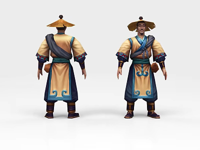Game Movie Character Traditional Yellow Blue Robe With Straw Hat Backpack Front Back View 3d model
