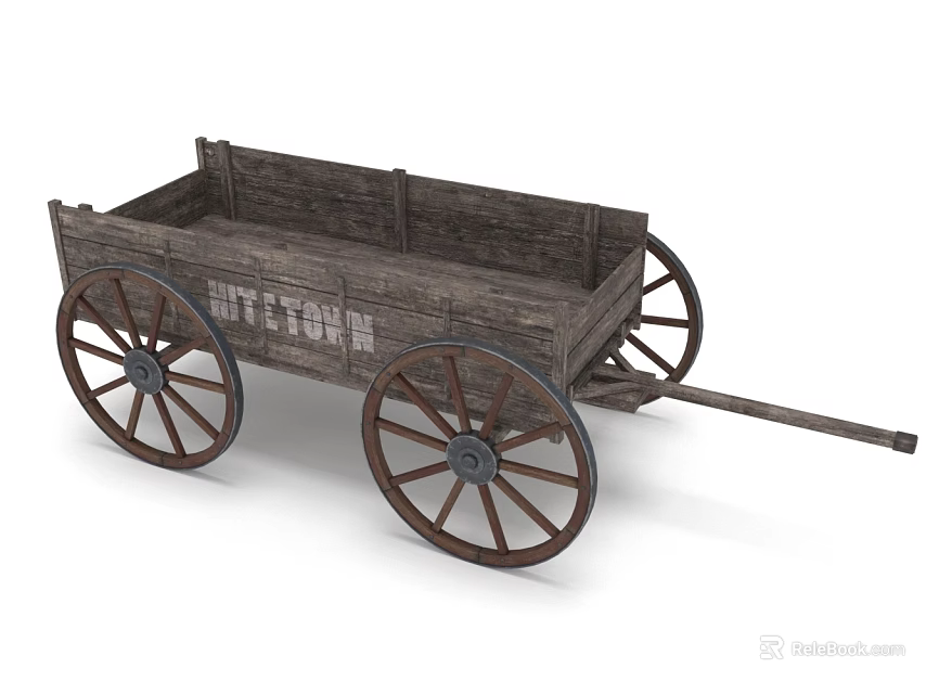 Old Fashioned Wooden Wagon With Large Wheels And Outtown Sign 3d model 