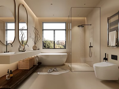 Modern Bathroom Interior Design With Double Vanity Sinks Freestanding Bathtub Glass Shower And Large Mirrors 3d model