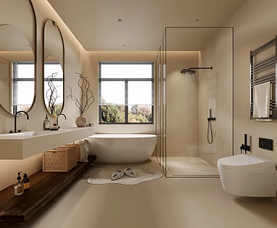 Modern Bathroom Interior Design With Double Vanity Sinks Freestanding Bathtub Glass Shower And Large Mirrors 3d model