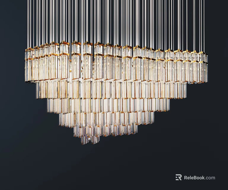 Modern Hanging Crystal Chandelier with Golden Frame and Tiered Crystal Bars 3d model 