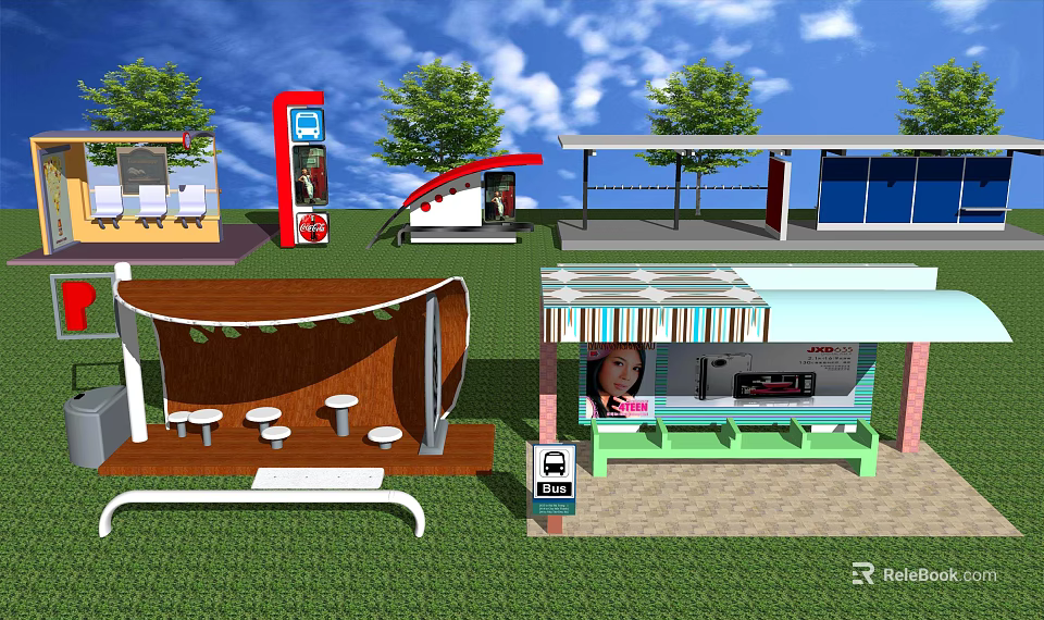 Modern Station Design With Covered Canopies Seating Areas Trees And Advertising Billboards 3d model 