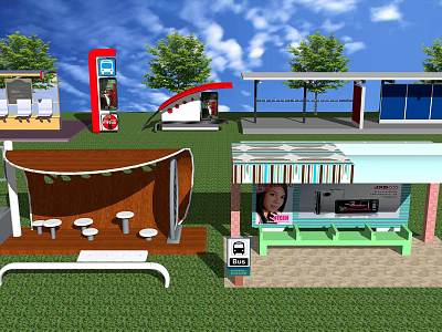 Modern Station Design With Covered Canopies Seating Areas Trees And Advertising Billboards 3d model