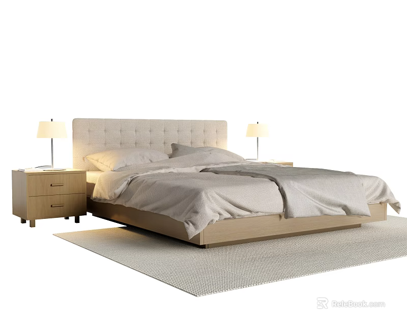 Modern Double Bed Interior with Bedside Tables Table Lamps Bedspread and Pillows on Rug 3d model