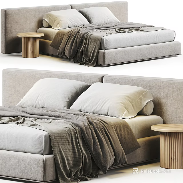 Modern Bedroom Interior With Upholstered Headboard Gray Pillows Soft Blanket And Wooden Bedside Table 3d model 