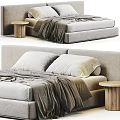 Modern Bedroom Interior With Upholstered Headboard Gray Pillows Soft Blanket And Wooden Bedside Table