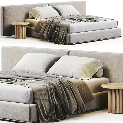Modern Bedroom Interior With Upholstered Headboard Gray Pillows Soft Blanket And Wooden Bedside Table 3d model