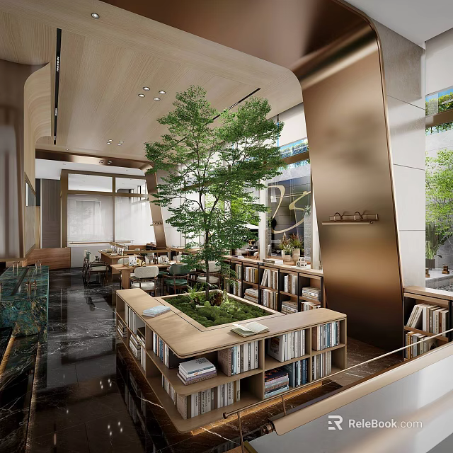 Lounge Area Interior Design With Large Tree Bookshelves Tables And Natural Light 3d model 