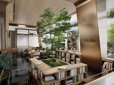 Lounge Area Interior Design With Large Tree Bookshelves Tables And Natural Light 3d model