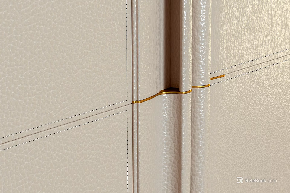 Beige Leather Wardrobe Door with Stitched Patterns and Golden Connecting Trim 3d model 
