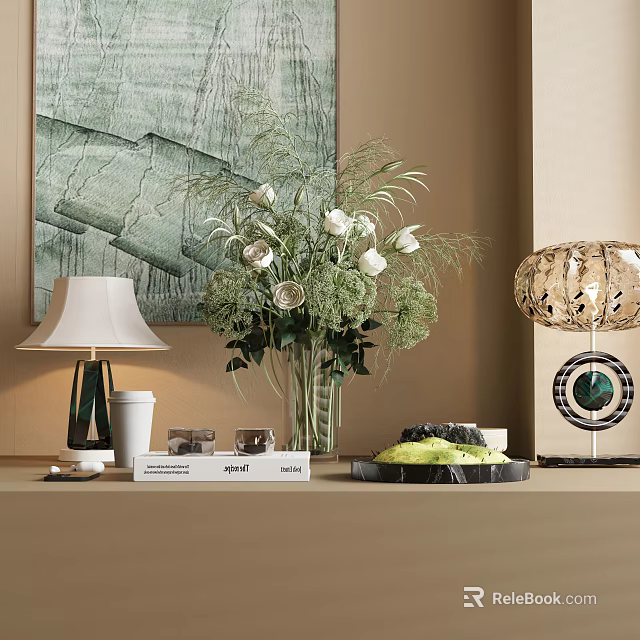 Decorative Ornaments Set With Vase Flowers Table Lamp Books Marble Tray And Green Wall Art 3d model 