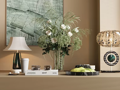 Decorative Ornaments Set With Vase Flowers Table Lamp Books Marble Tray And Green Wall Art 3d model