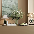 Decorative Ornaments Set With Vase Flowers Table Lamp Books Marble Tray And Green Wall Art