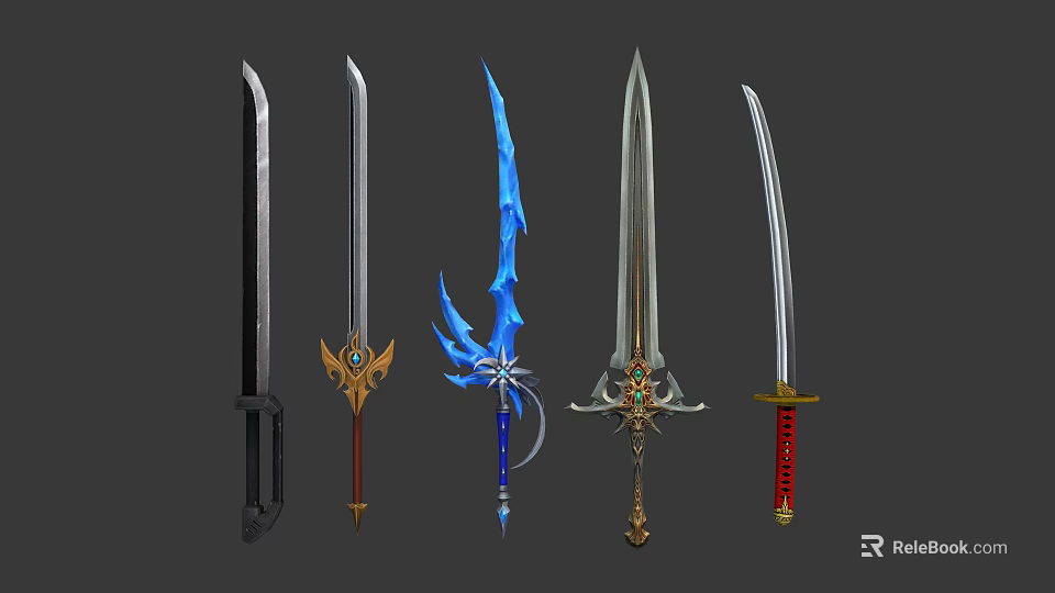 Various Decorative Swords With Intricate Designs Colored Blades And Ornate Hilts 3d model 
