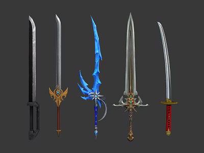 Various Decorative Swords With Intricate Designs Colored Blades And Ornate Hilts 3d model