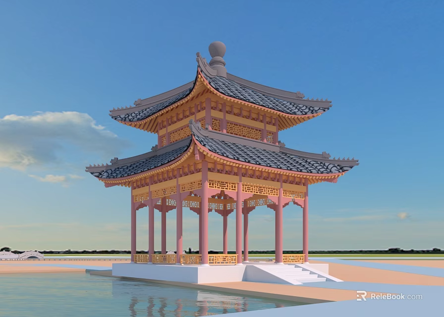 Chinese Two Story Pavilion With Ornate Tile Roof And Water Surrounding Blue Sky 3d model 
