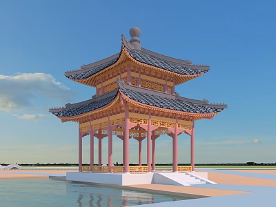 Chinese Two Story Pavilion With Ornate Tile Roof And Water Surrounding Blue Sky 3d model