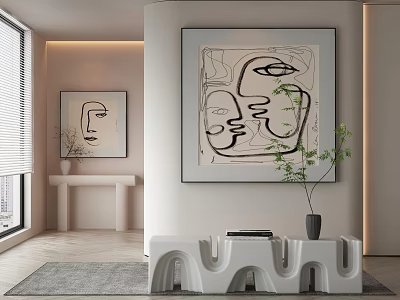 Modern Abstract Painting On Wall With Linear Patterns In Contemporary Room And Potted Plant 3d model