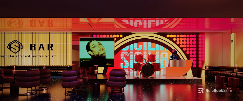 Signature Bar with Large Screen Drum Set Purple Chairs and Vibrant Lighting Ambiance 3d model 