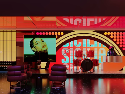 Signature Bar with Large Screen Drum Set Purple Chairs and Vibrant Lighting Ambiance 3d model