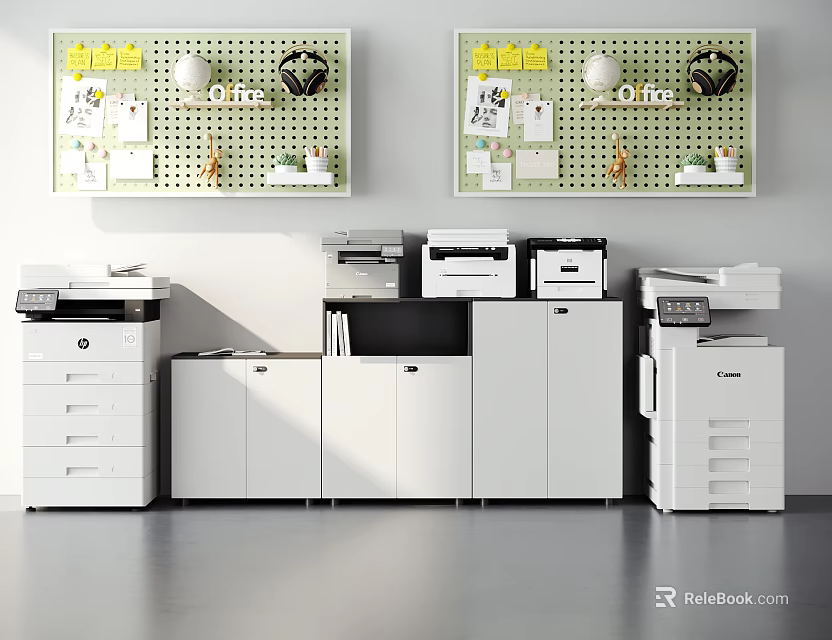 Efficient Office Appliances Setup With Printers White Filing Cabinets And Green Pegboards 3d model 
