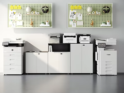 Efficient Office Appliances Setup With Printers White Filing Cabinets And Green Pegboards 3d model