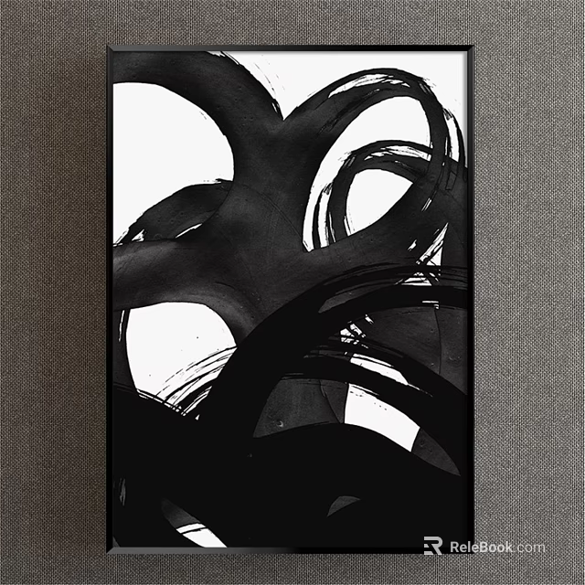 Modern Abstract Painting With Black Curved Lines And Fluid Monochrome Forms 3d model 