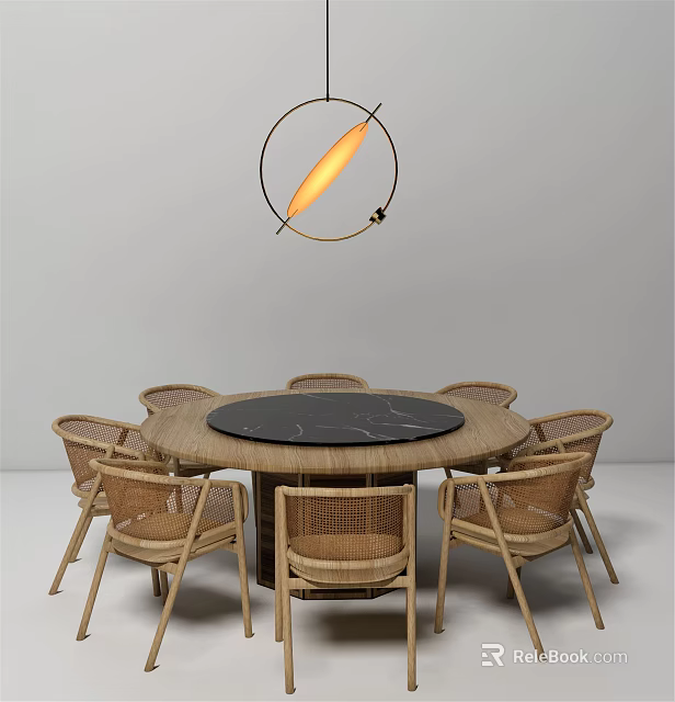 Round Dining Table Set with Black Marble Top and Woven Rattan Chairs Featuring Pendant Light 3d model 